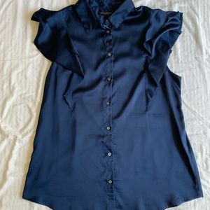 Banana Republic Navy Blue Ruffle Button Down Shirt